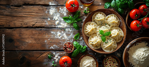 banner of Manti on the wooden background. Concept of Turkish and Central Asian cuisine 