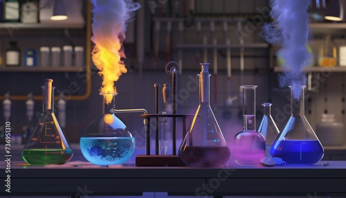 Dramatic Chemical Reaction with Flames and Blue Smoke in Science Lab Experiment photo