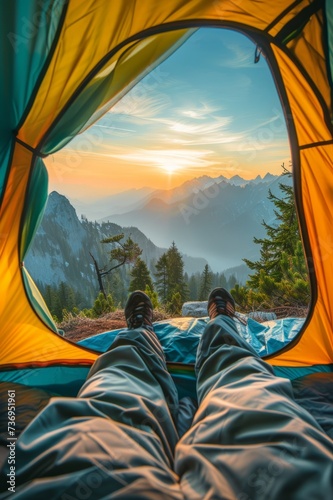 First-person breathtaking view of a mountain panorama, inside a camping tent. AI generative