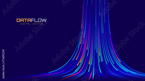 Digital Data Flow Vector Background. Big Data Technology Lines. 5G Wireless Data Transmission. High Speed of Light Trails. Information Flow in Virtual Reality Cyberspace. Vector Illustration.