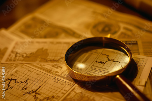 A magnifying glass on a desk with financial papers and charts. AI generative