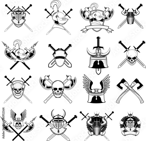 knight logo set. Skull in horned helmet, crossed axes, crossed swords, viking helmet, shield, . Logos can be easily disassembled into separate items.