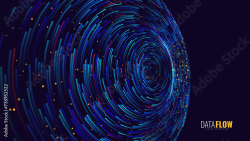 Big Data Visualization. Circular Particles With Trails Vortex. Futuristic Science or Finance Infographic Design. Complex Visual Data Background. Abstract Data Flowing. Vector Illustration.