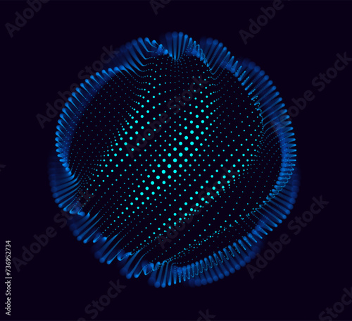 Corrupted Point Sphere. Globe Grid Broken Glitched Structure. 3D Sphere Object of Blue Particles. Vector Illustration.