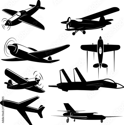 Set of Vintage airplanes from different angles. Planes silhouettes. Logotype, emblem,label design elements in vector.
