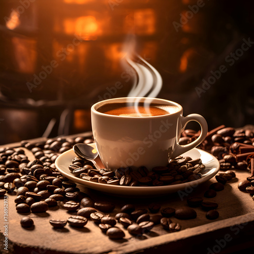 Coffee cup and coffee beans on a wooden table. Coffee background