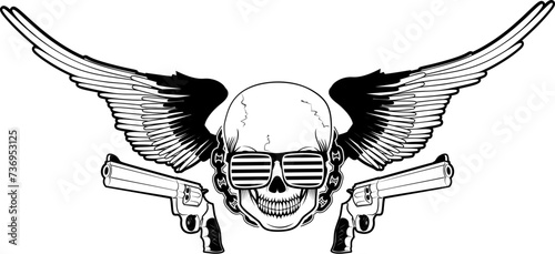 skull and two pistols with grunge background.Design element in vector