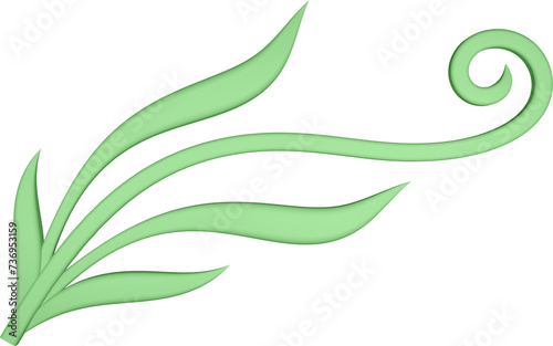 3D illustration rendering of a branch with curved leaves of different sizes on a transparent background