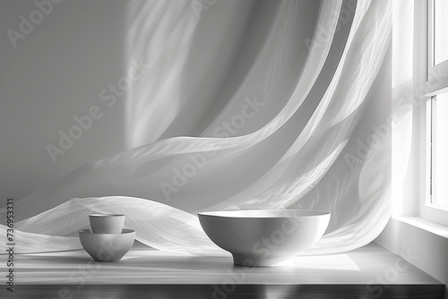 Black and White Composition of Elegant Curtains and Ceramic Bowls by a Window