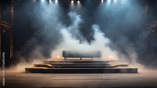 Concert Platform Veiled in Smoky Ambience, Concert Platform in Ethereal Atmosphere, Concert Stage Enveloped in Smoky Aura, Concert Platform Lost in Smoky Ambience, Vacant Stage Shrouded in Smoke.