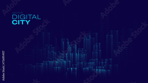 Smart Digital City Concept. Urban Architecture High Towers Concept of the Future City. Virtual Reality Abstract Digital Buildings. Modern Technology Vector Illustration.