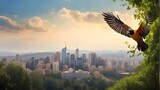 Flying Bird Amidst Cityscape and Trees, Bird Soaring Among Trees with Urban Backdrop, Free-Flying Bird with City Backdrop Among Trees, Bird Takes Flight Against City Horizon, Bird Gliding Among Trees 