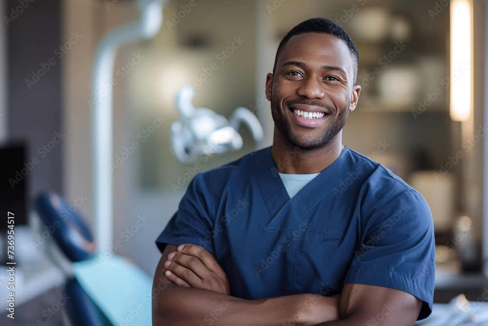 Handsome African American male dentist smiling, standing with folded hands inside blurry modern clinic. Dental care concept Handsome African American male dentist smiling, standing with folded hands inside blurry modern clinic. Dental care concept