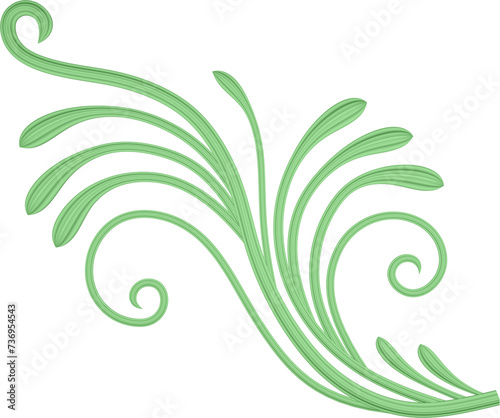 3D illustration rendering of a bending branch with leaves of different sizes on a transparent background