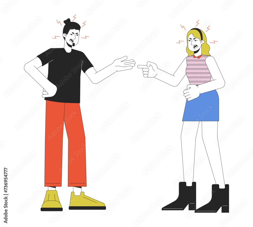 Caucasian couple quarrel line cartoon flat illustration. Relationship difficulties 2D lineart characters isolated on white background. Emotional expressing, body language scene vector color image Caucasian couple quarrel line cartoon flat illustration. Relationship difficulties 2D lineart characters isolated on white background. Emotional expressing, body language scene vector color image