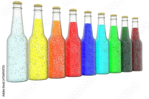 PNG. Trasparente. Bottiglie bibite rinfrescanti colorate su sfondo bianco. photo