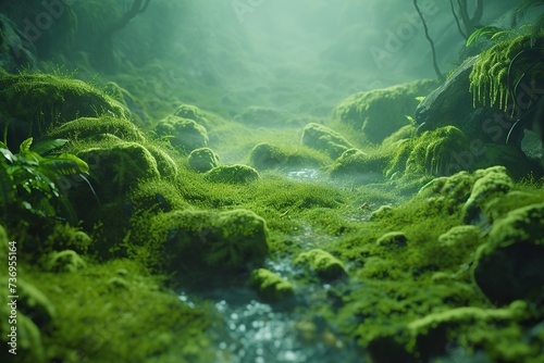 Moss forest. Deep in a mossy misty forest. Green carpet of moss, a stream flowing beneath. © LivroomStudio