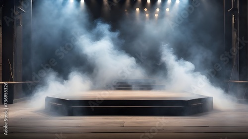 Concert Platform Veiled in Smoky Ambience, Concert Platform in Ethereal Atmosphere, Concert Stage Enveloped in Smoky Aura, Concert Platform Lost in Smoky Ambience, Vacant Stage Shrouded in Smoke.