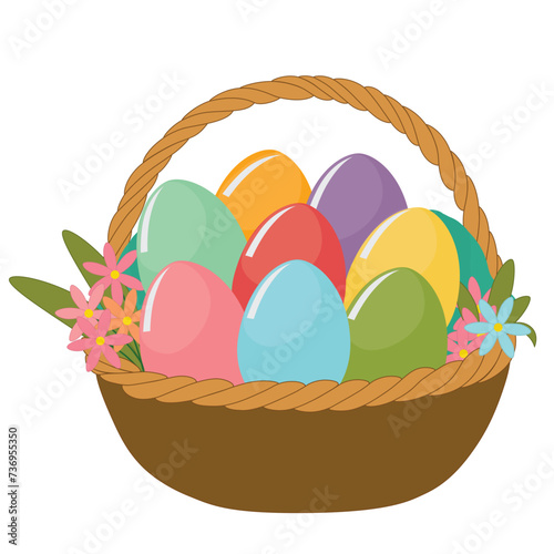 Easter basket full of colorful easter eggs and pretty flowers. Graphic element design for decoration.