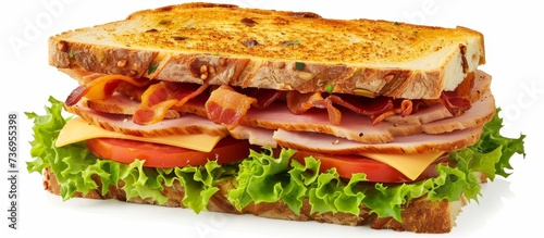 Image of a turkey, bacon, ham, tomato, cheese, and lettuce club sandwich