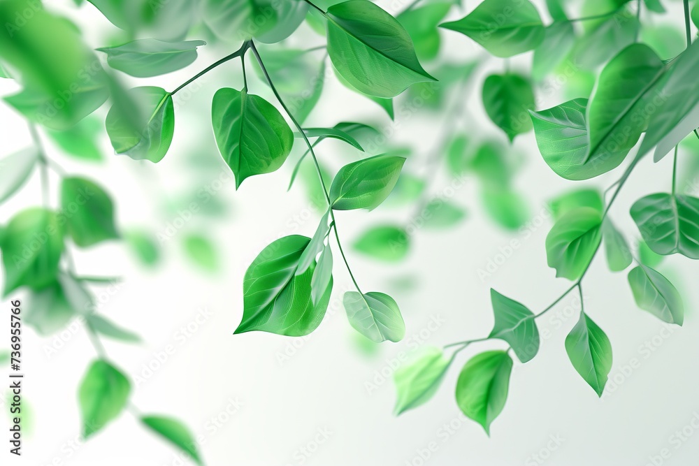 Fresh green leaves on delicate branches with a soft white background, symbolizing spring and growth.