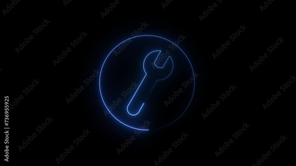 Wrench and gear icon isolated on black background. Glowing neon line Wrench icon isolated on black background. Spanner icon. Wrench and gear icon isolated on black background. Glowing neon line Wrench icon isolated on black background. Spanner icon.