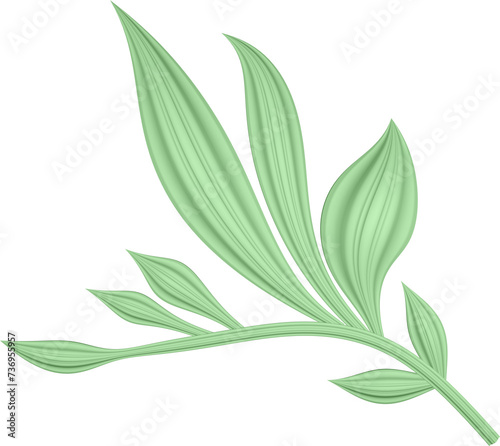 3D illustration rendering of a bending branch with leaves of different sizes on a transparent background
