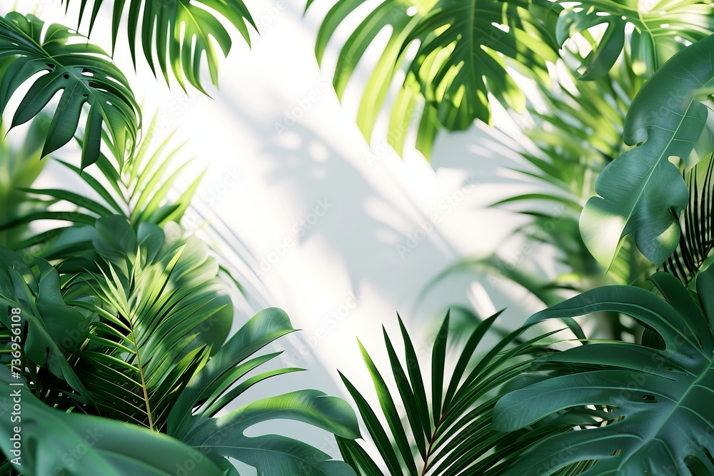 Tropical palm leaves with sunlight and shadows, creating a fresh and serene green background.