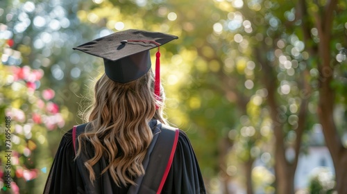 young woman in graduation attire near university - backview 