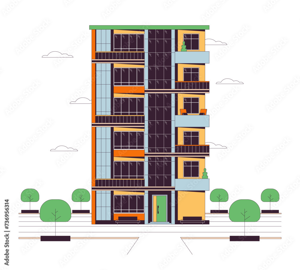 Flats apartment multistory line cartoon flat illustration. Condominium multi-storey building exterior 2D lineart object isolated on white background. Estate complex property scene vector color image Flats apartment multistory line cartoon flat illustration. Condominium multi-storey building exterior 2D lineart object isolated on white background. Estate complex property scene vector color image
