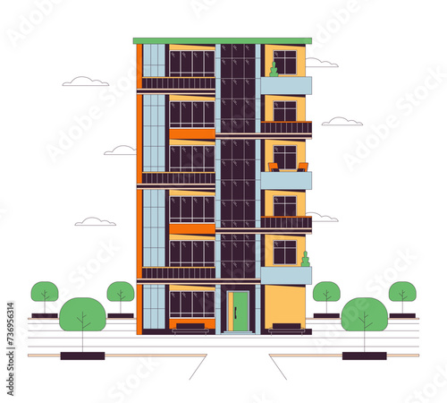 Flats apartment multistory line cartoon flat illustration. Condominium multi-storey building exterior 2D lineart object isolated on white background. Estate complex property scene vector color image
