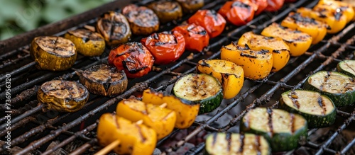 A variety of vegetables are being grilled on an outdoor grill, creating a delicious and healthy dish. Roasting vegetables on an outdoor grill rack topper adds a smoky flavor to the cuisine