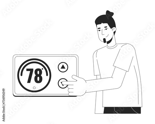 Thermostat reduce black and white cartoon flat illustration. Saving energy at home 2D lineart character isolated. Lower electricity usage. Heating control switch monochrome scene vector outline image