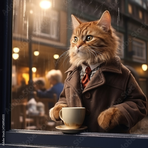 City cat in stylish coat with paper glass in cafe-bistro looking at city lights. close-up, neutral background.