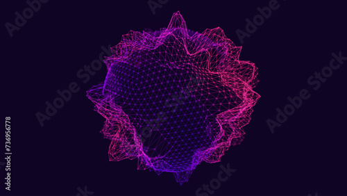 Abstract Deformed 3D Sphere. Bright Glowing Radial or Circular Digital Equalizer. 3D Illuminated Distorted Sphere of Glowing Particles and Lines. Visualization of Voice, Music Playback. EPS10 Vector