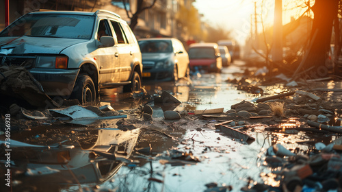 Street Scene with Sudden Forceful Floodwater  Submerged Vehicles  Muddy Debris  Sunlight Reflection - Indication of Recent Natural Disaster Amidst Calm Weather.