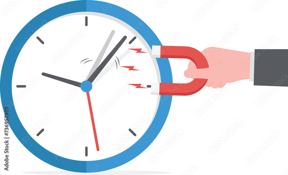 Time management, control business time or work deadline concept, smart businessman hand using magnet to stop clock hand metaphor of time manipulation.
Time management, control business time or work deadline concept, smart businessman hand using magnet to stop clock hand metaphor of time manipulation.