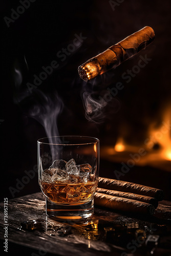 Cigar, drink and smoke. close-up, neutral background.