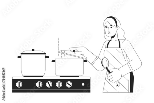 Caucasian woman putting lid on pot black and white 2D line cartoon character. Boiling water. Blonde female isolated vector outline person. Cooking dinner kitchen monochromatic flat spot illustration
