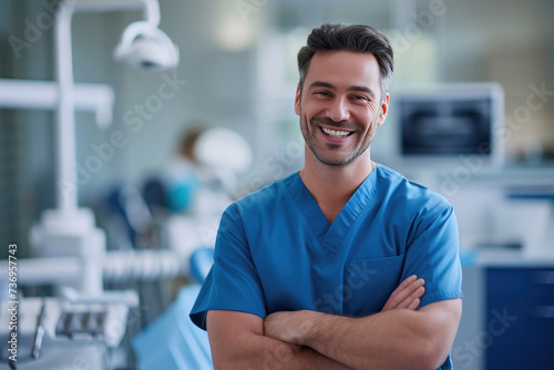 Handsome male dentist smiling, standing with folded hands inside blurry modern clinic. Dental care concept photo