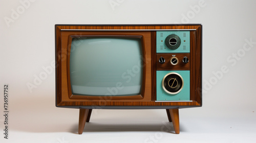 Vintage-Style Television with Retro Turquoise and Brown Design featuring Rectangular Screen and Mid-20th Century Control Knobs, Antique Wooden Cabinet Housing Set on Small Angled Legs.