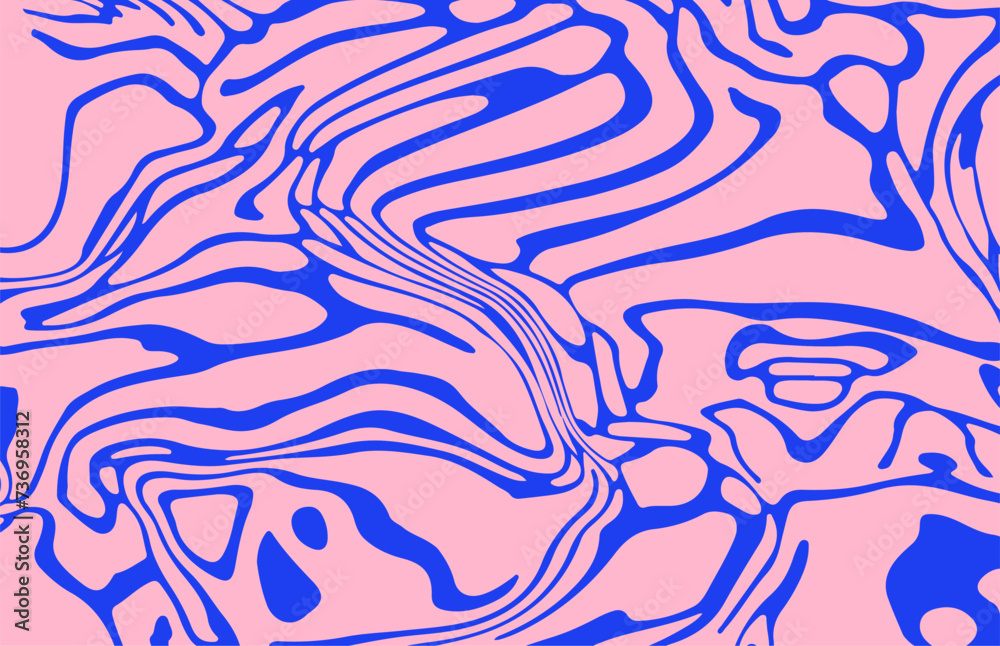 Abstract trippy pink and blue psychedelic background with melting and distorting lines.