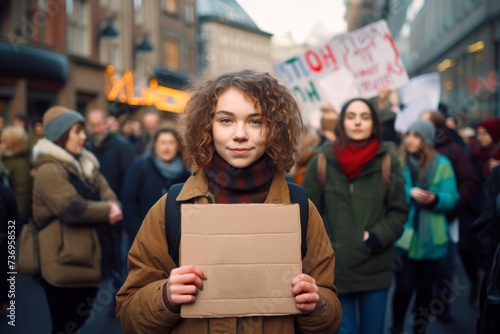 
Photograph a young European girl, aged 24, holding a sign at a demonstration for climate action and environmental justice
