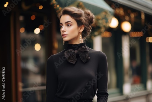 A woman wearing a trendy bow-adorned sweater on the neckline, adding a touch of elegance to her winter ensemble. photo