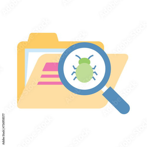Bug under magnifier with data folder denoting icon of bug searching, virus scanning vector