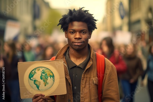 Photograph a young European man, aged 28, holding a sign at a demonstration for climate action and environmental justice