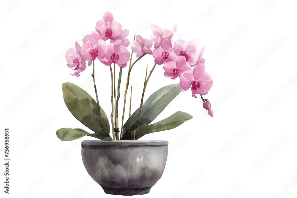Watercolor of flowers bouquet in pot isolated on background, floral with green leaves for greeting card decoration, branches of flower. Watercolor of flowers bouquet in pot isolated on background, floral with green leaves for greeting card decoration, branches of flower.