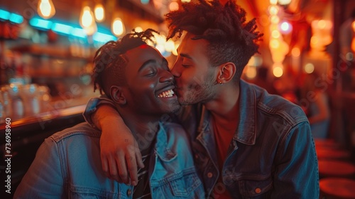 lgbt couple of men different nationalities hugging and kissing. Same-sex love