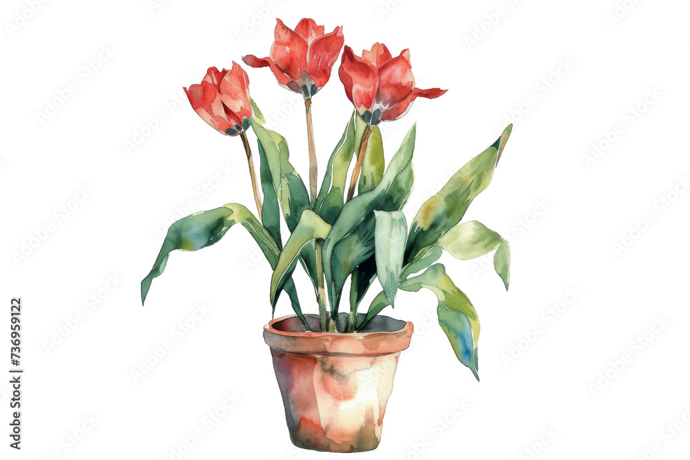 Watercolor of flowers bouquet in pot isolated on background, floral with green leaves for greeting card decoration, branches of flower. Watercolor of flowers bouquet in pot isolated on background, floral with green leaves for greeting card decoration, branches of flower.