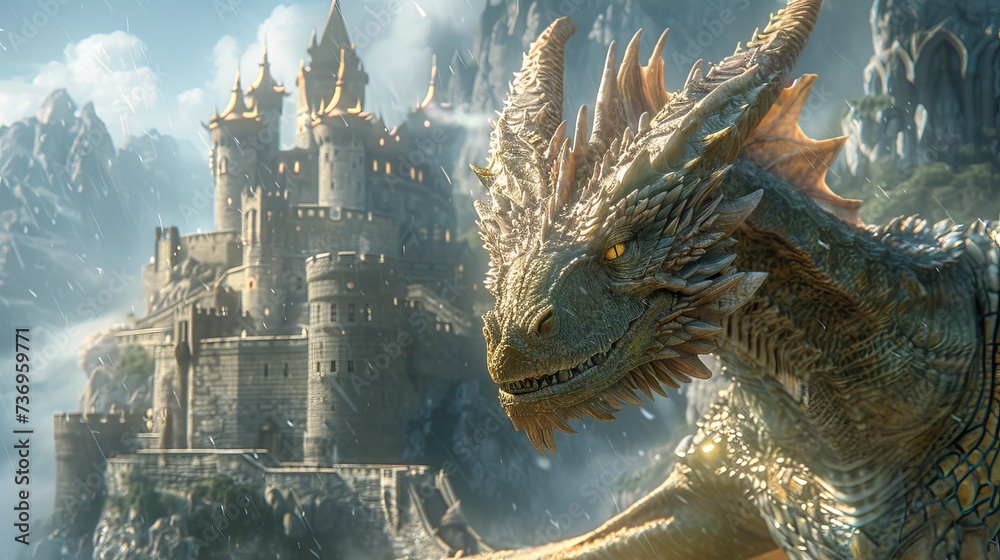 Fototapeta premium Dragon Guardian of Enchanted Castle